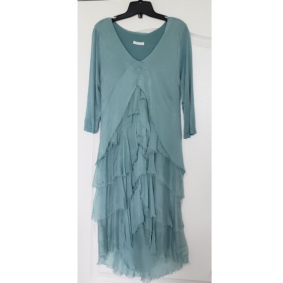 BNWT Silk Waterfall Layered 3/4 arm Midi Dress Made in Italy Light Teal - Picture 3 of 13